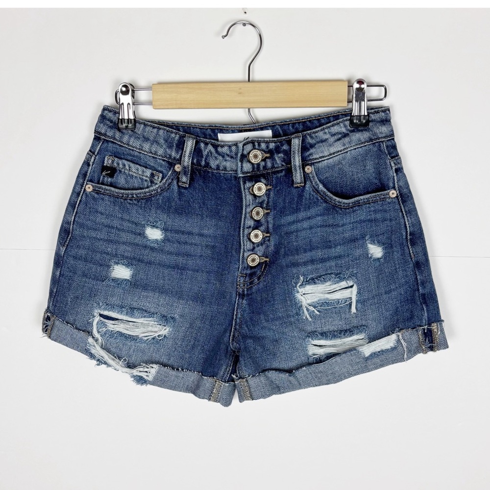 KanCan Distressed Button-Front Dark Blue Denim Jean Shorts